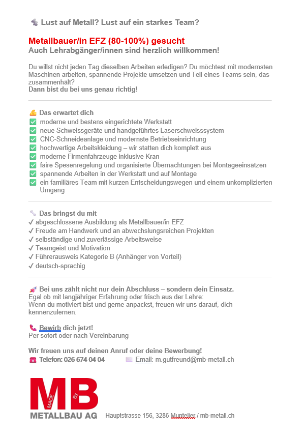 Metallbauer/in EFZ gesucht - M B Metallbau AG, Muntelier